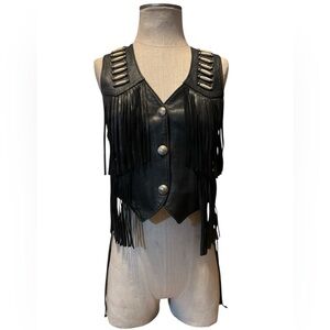 Black Fringe Leather Vest with Silver Accents